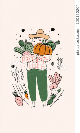 A cheerful figure with a straw hat cradles a pumpkin and other fresh vegetables, surrounded by plants and flowers, celebrating the joy of the autumn harvest season 130150204