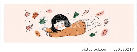 A little girl in a mustard sweater lies happily in a vibrant pile of maple leaves. Her playful spirit shines as she embraces the autumn season, surrounded by nature's beauty 130150217