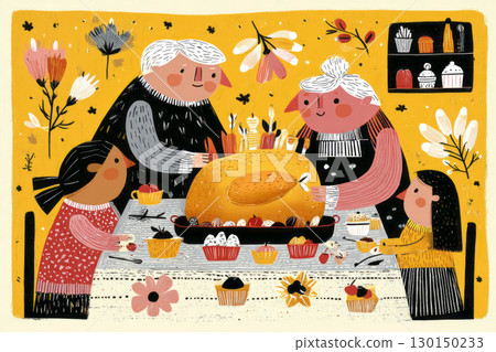 Family members enjoy a Thanksgiving gathering filled with laughter and joy, gathered around a beautifully arranged wooden table with traditional fall dishes and desserts 130150233