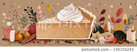 Delight in the warm flavors of pumpkin pie adorned with whipped cream and surrounded by vivid autumn leaves and flowers, capturing the essence of fall festivities, banner 130150245