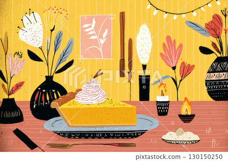A beautifully decorated table featuring a pumpkin pie topped with whipped cream, surrounded by vibrant flowers, warm lights, and candles, creating a cozy autumn ambiance 130150250