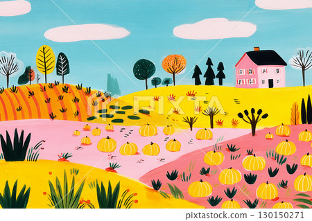 A charming pumpkin patch basks in late afternoon light, highlighting the rich autumn hues of the foliage, with a quaint house nestled in the background 130150271