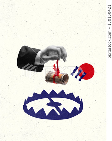 Bold colorful poster. Hand lowering roll of banknotes with red ribbon into bear trap Bold colorful poster. Hand lowering roll of banknotes with red ribbon into bear trap 130150421