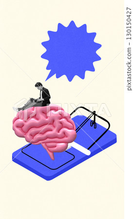 Composition of student on pink brain near blue mousetrap with speech bubble 130150427