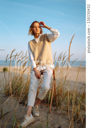 Portrait of elegant, luxury woman posing in nature. People, lifestyle, relaxation concept. 130150432