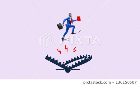 Contemporary artwork. Businessman jumping over bear trap with briefcase and documents Contemporary artwork. Businessman jumping over bear trap with briefcase and documents 130150507