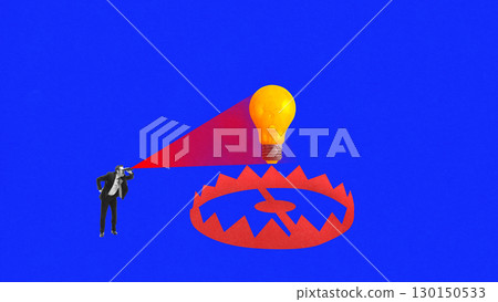 Colorful collage. Man with telescope searching for idea falling into red trap 130150533