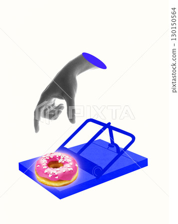 Minimal surreal collage. Hand reaching for pink donut in mousetrap 130150564