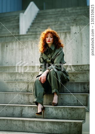 A woman with red hair is sitting on a set of stairs A woman with red hair is sitting on a set of stairs 130150625
