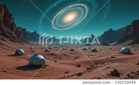 Alien Planet Outpost with Dome Structures and Spiral Galaxy 130150844