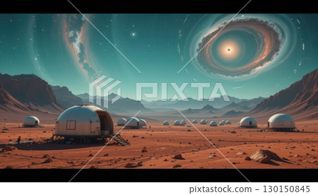 Futuristic Outpost on Desert Planet under Cosmic Sky 130150845