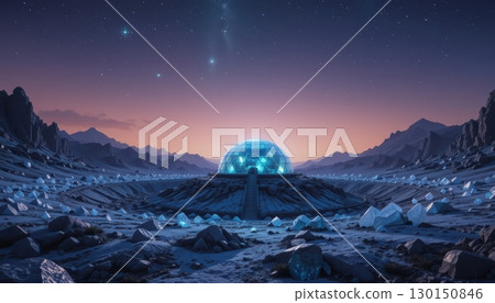 Futuristic Outpost Dome in Icy Crater with Glowing Crystals 130150846