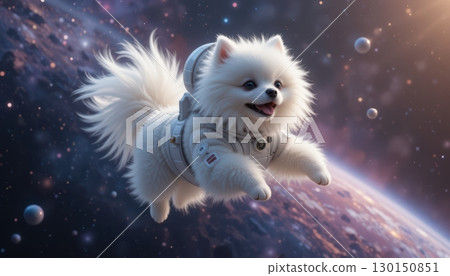 Adorable Pomeranian Dog in Space Wearing an Astronaut Suit 130150851