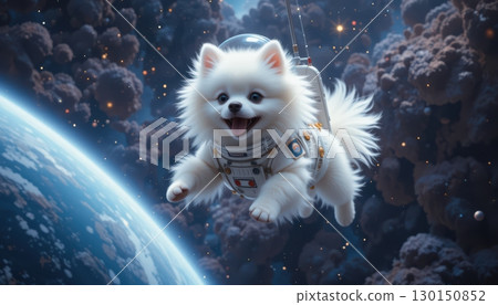 A Fluffy Pomeranian Astronaut Floating in Cosmic Clouds 130150852