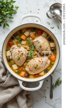 Top down view of a chicken soup with root vegetables in a pot 130150861