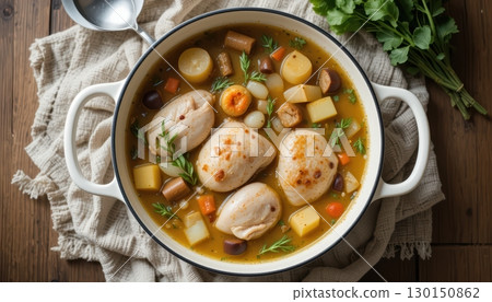 Overhead view of a delicious chicken and vegetable soup in a pot 130150862