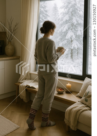 A woman in cozy pajamas looking out a snowy window 130150927