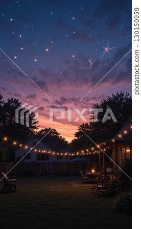Backyard gathering with string lights under a colorful starry sky Backyard gathering with string lights under a colorful starry sky 130150959