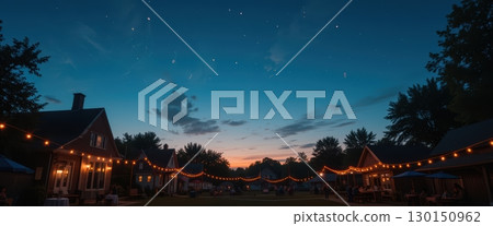 Cozy neighborhood with houses and string lights under starry night 130150962