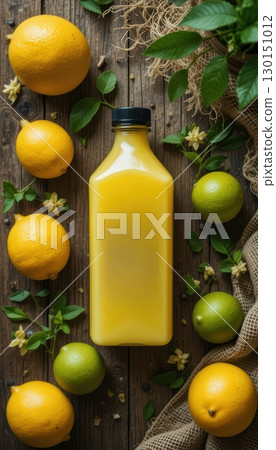 Freshly squeezed lemonade bottle with lemons and limes 130151012
