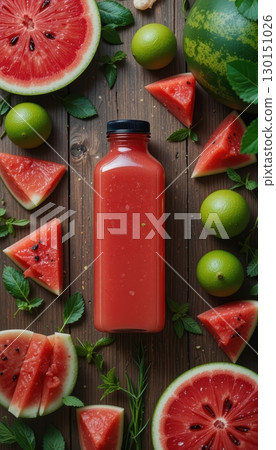 Watermelon juice with slices and fresh limes 130151026