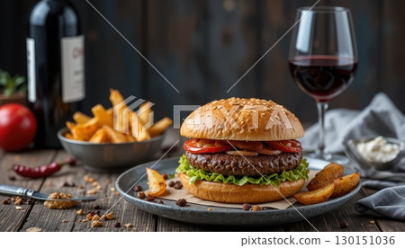 Gourmet burger and fries with red wine on a wooden table Gourmet burger and fries with red wine on a wooden table 130151036