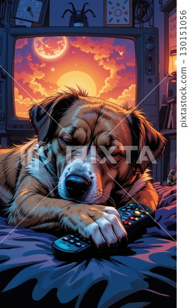 A Sleeping Dog Holding a Remote in a Dreamy Room 130151056