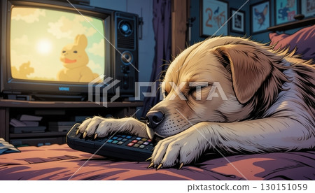 A Sleepy Dog Holding a Remote while Watching TV 130151059