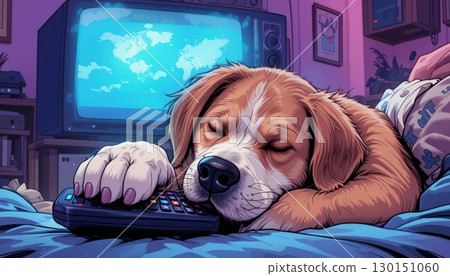 Cute Dog Lying on Bed Holding a Remote Watching TV 130151060