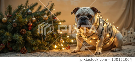 A Bulldog Tightly Tangled in a String of Christmas Lights A Bulldog Tightly Tangled in a String of Christmas Lights 130151064