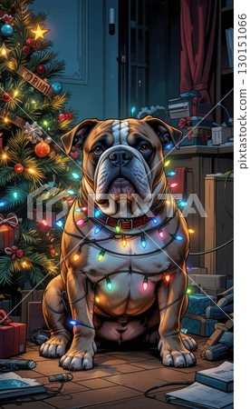 A Stubborn Bulldog with Christmas Lights in a Room 130151066