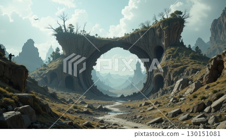 A majestic fantasy landscape with a grand stone arch 130151081