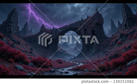 A dark and epic fantasy landscape with a massive arch 130151082