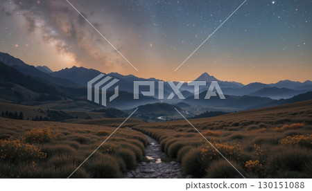 A winding path through a vast and serene landscape 130151088