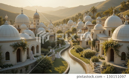 A fantasy city with white domes and a river 130151097