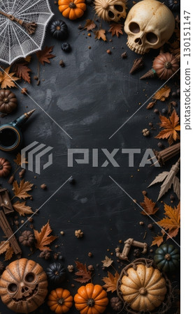 Halloween flat lay with skulls and pumpkins on a dark background 130151147