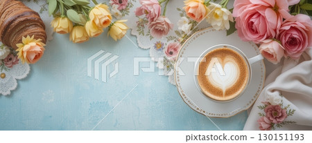 Elegant Coffee and Croissant with Floral Arrangement 130151193
