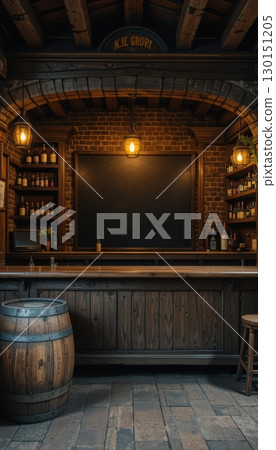 Rustic Bar with Chalkboard and Wooden Barrels 130151205