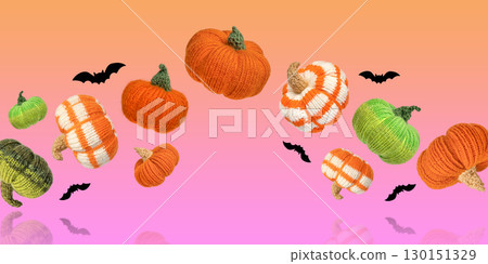 Knitted orange and green pumpkins with black bats on orange purple gradient background, autumn composition. Halloween concept. Knitted orange and green pumpkins with black bats on orange purple gradient background, autumn composition. Halloween concept. 130151329