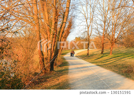 Couple with Child Walking on Forest Alley Springtime Couple with Child Walking on Forest Alley Springtime 130151591