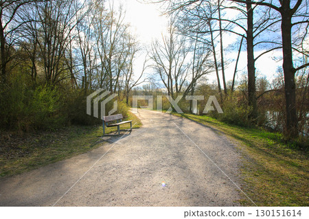 Autumn Forest Road Leading to Bench Beside Tranquil Lakeside View Autumn Forest Road Leading to Bench Beside Tranquil Lakeside View 130151614