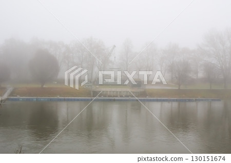 Misty River Trees Shrouded in Fog 130151674
