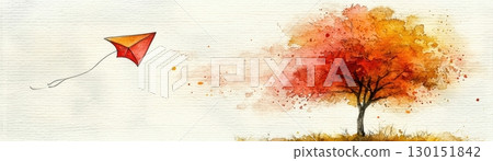 Colorful Kite Flying Near Vibrant Autumn Tree in Soft Watercolor Illustration 130151842