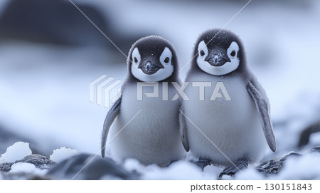 Adorable Baby Penguins Standing Together on Snowy Antarctic 130151843