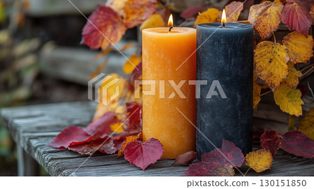 Autumn-Themed Candles With Fall Leaves On Wooden Bench 130151850