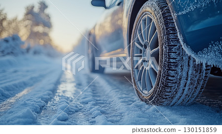 Close-Up Of Car Tire Navigating Snowy Winter Road At Sunrise 130151859