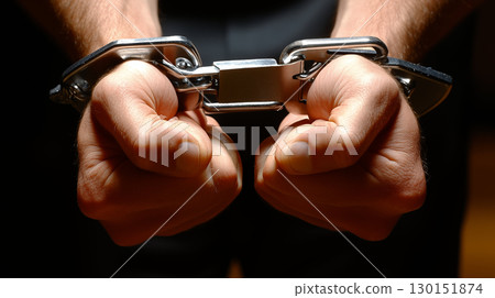 Close-Up of Hands in Metal Handcuffs Under Dramatic Lighting Close-Up of Hands in Metal Handcuffs Under Dramatic Lighting 130151874