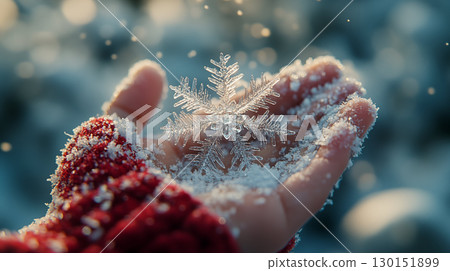 Delicate Snowflake Held in Gloved Hands Sparkling 130151899