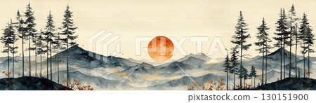 Serene Sunset Landscape with Silhouetted Trees and Soft Mountains in Watercolor Art Style 130151900