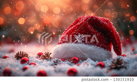 Festive Red Santa Hat and Pine Cones in Snowy Christmas Setting Festive Red Santa Hat and Pine Cones in Snowy Christmas Setting 130151910